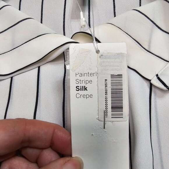 Eileen Fisher Silk Crepe Button Up Shirt PS Ivory Painterly Stripe Ruched Sleeve - Picture 10 of 12